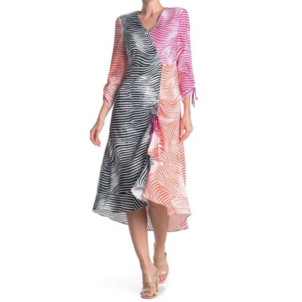 Ted Baker Wizzoh Asymmetric Midi Dress Ivory Zebra Print & Ruched Detail Size 2
